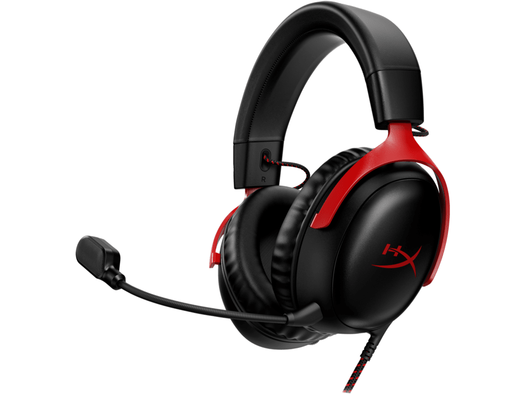 HyperX Cloud III gaming headset u crnoj i crvenoj boji na bijeloj pozadini