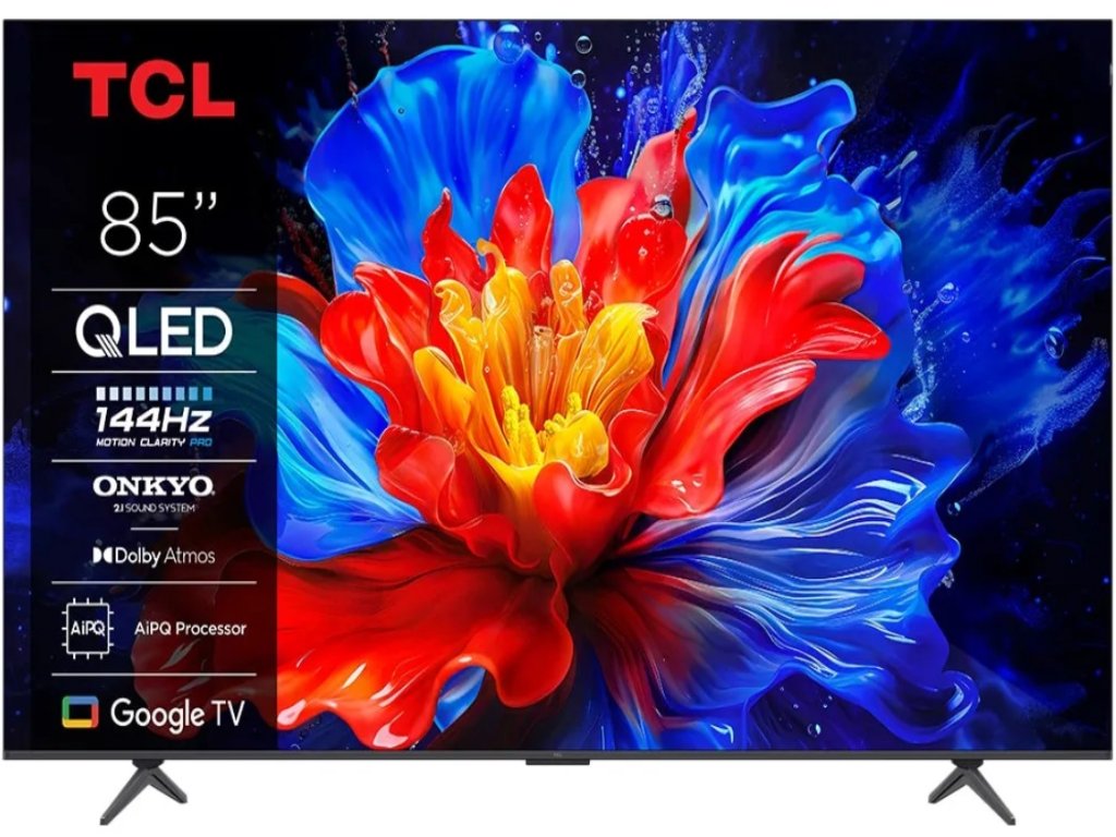 TCL 85-inch P8K 4K QLED TV with 144Hz display, Google TV, and Onkyo 2.1 sound system on a modern stand