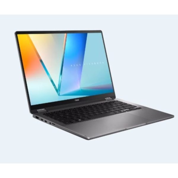 ASUS Vivobook 14 Flip sivi laptop s otvorenim poklopcem i OLED ekranom na stolu