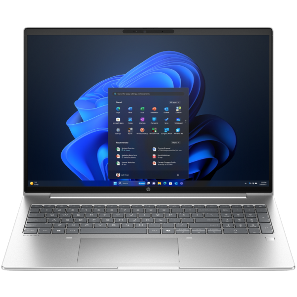 HP ProBook 4 G1AH laptop s otvorenim poklopcem, 16-inčni FHD ekran, AMD Ryzen 5 naljepnica, na stolu