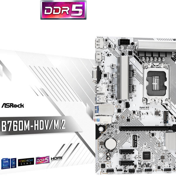 ASROCK B760-HDV/M.2 MicroATX matična ploča u bijeloj boji, LGA1700, podrška za DDR5