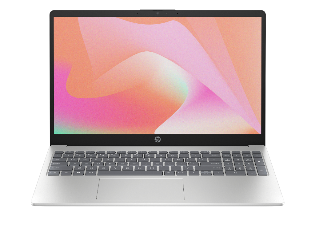 HP laptop 15-fc0502n u prirodno srebrnoj boji sa otvorenim ekranom i osvijetljenom tastaturom