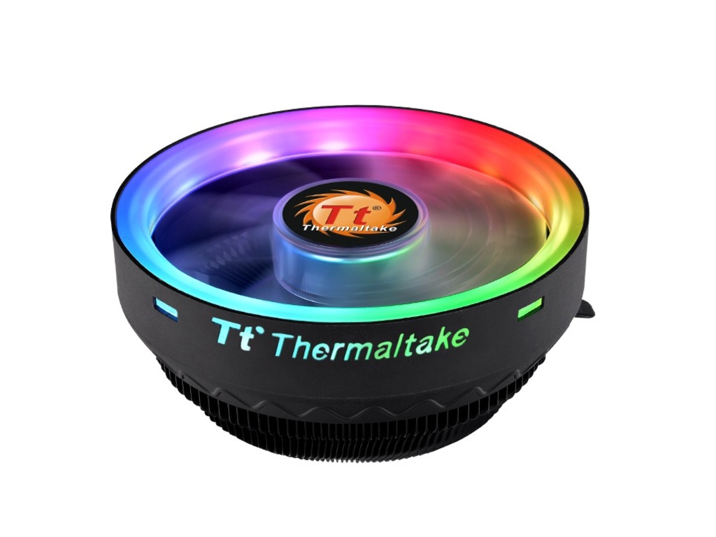 Thermaltake UX100 ARGB CPU cooler with RGB lighting, compatible with Intel and AMD sockets