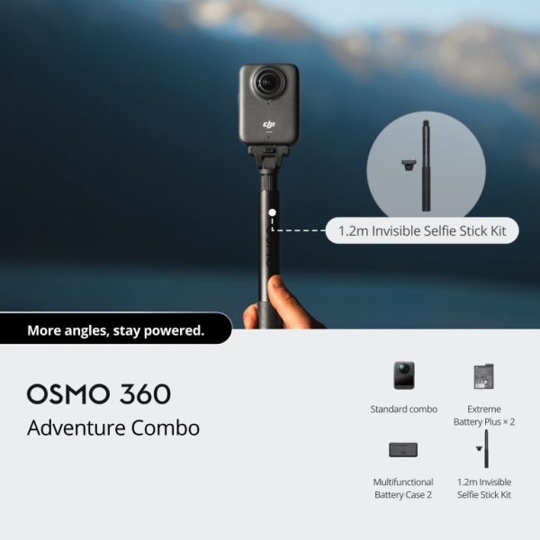 DJI Osmo 360 Adventure Combo kamera s objektivom i dodatnom opremom na bijeloj podlozi