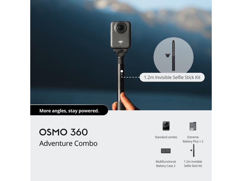 DJI Osmo 360 Adventure Combo kamera s objektivom i dodatnom opremom na bijeloj podlozi