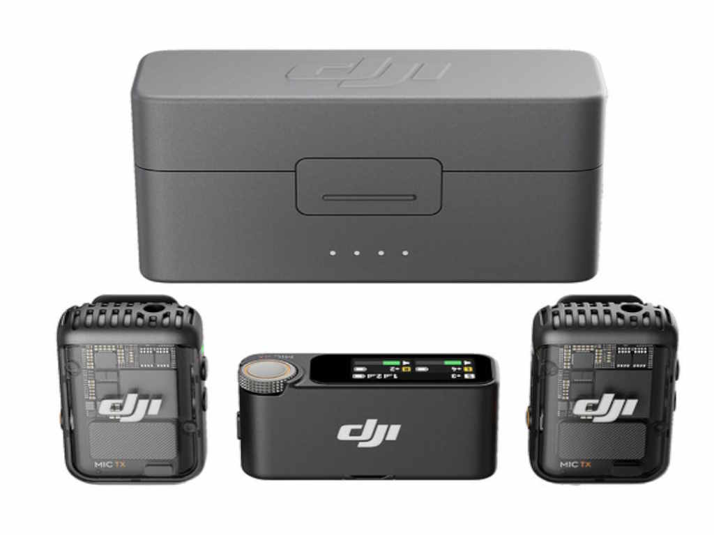DJI Mic 2 bežični mikrofon s jednim odašiljačem i prijemnikom na bijeloj pozadini