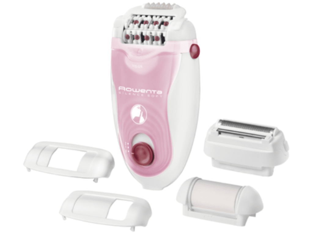 Rowenta Silence Soft epilator EP5640D1 s dodacima za brijanje i piling na bijeloj podlozi
