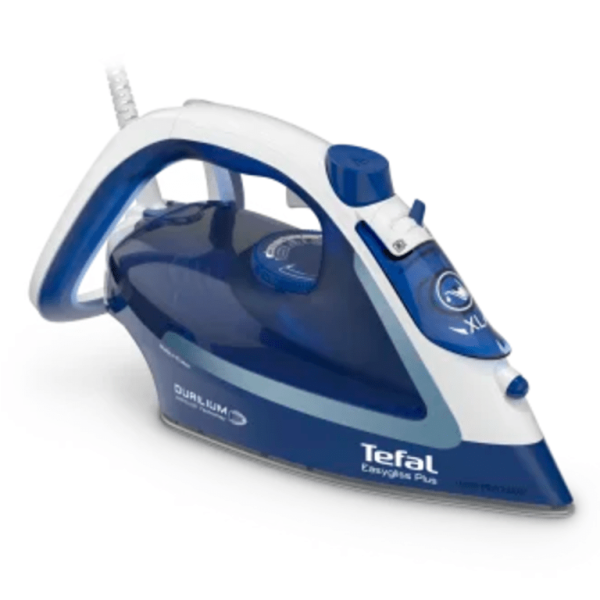 Tefal Easygliss Plus parna pegla FV5770E0 snage 2700W s bijelim i ljubičastim dizajnom na stolu za peglanje