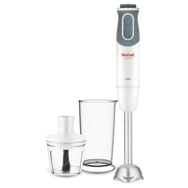 Tefal štapni mikser 800W sa čašom i sjeckalicom na bijeloj podlozi
