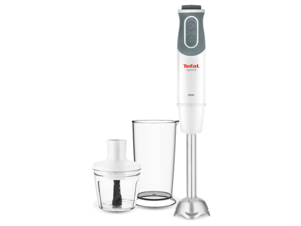 Tefal štapni mikser 800W sa čašom i sjeckalicom na bijeloj podlozi