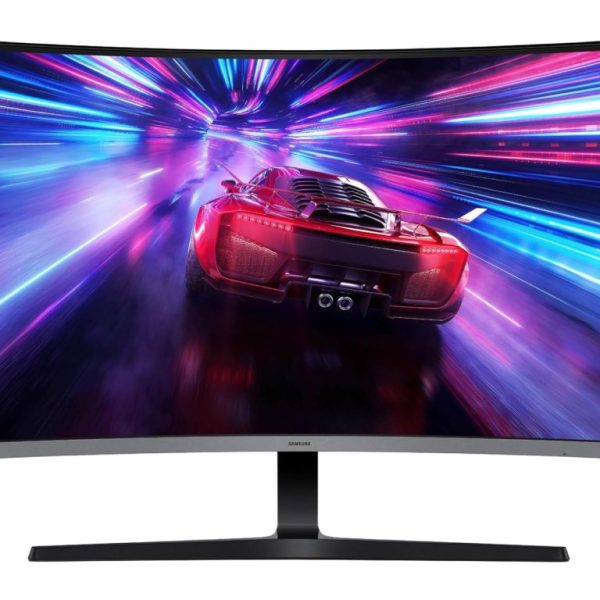 Samsung 32-inch FHD curved monitor S39GD with 1500R curvature, VA panel, 100Hz refresh rate, and tilt stand on a white background
