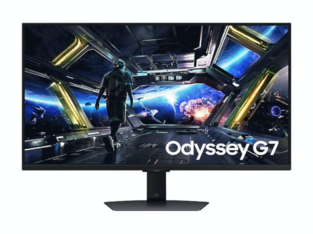 Samsung 32 inch Odyssey G7 4K UHD gaming monitor sa crnom pozadinom i osvetljenim postoljem