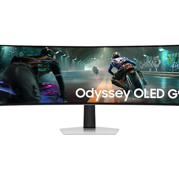 Samsung 49-inch OLED G9 gaming monitor with curved DQHD display, 32:9 aspect ratio, and 144Hz refresh rate