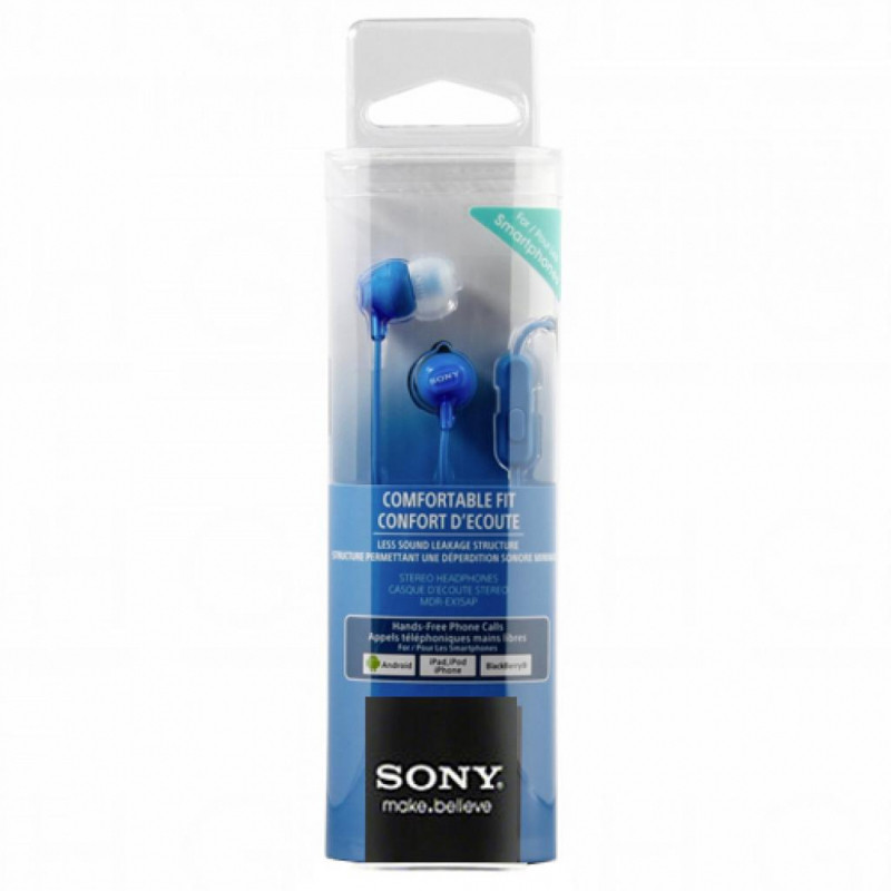 Sony slušalice EX-15 plave in-ear s mikrofonom na bijeloj podlozi