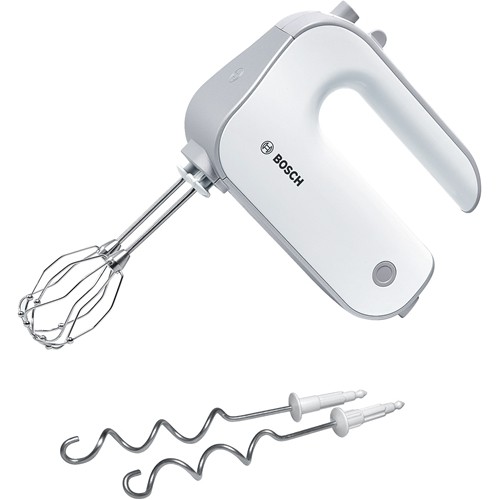 Bosch ručni mikser MFQ4030S bijeli 500W s pet brzina i turbo tipkom na bijeloj pozadini