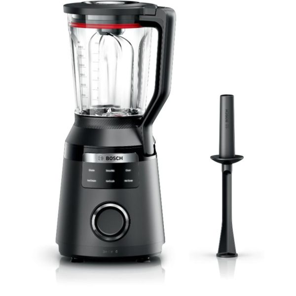 BOSCH Blender Serie 6 MMB6652B s crnim kućištem i staklenom posudom, prikazan na radnoj površini
