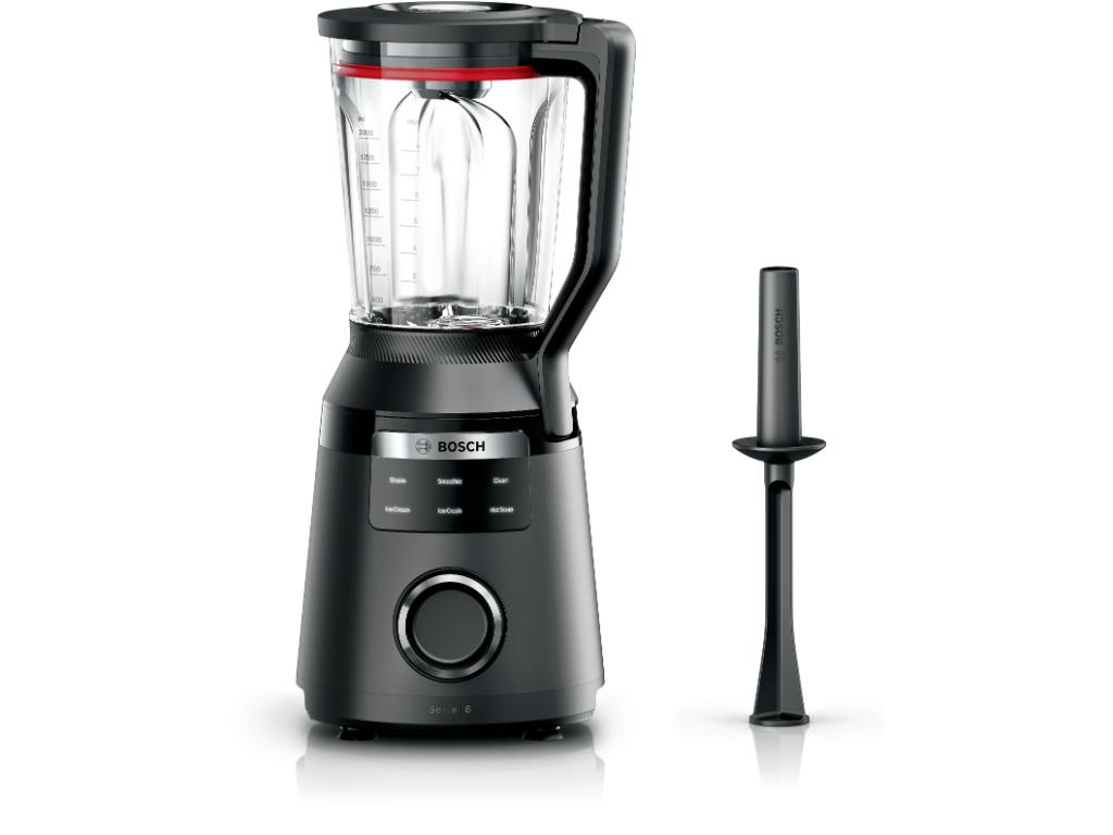 BOSCH Blender Serie 6 MMB6652B s crnim kućištem i staklenom posudom, prikazan na radnoj površini