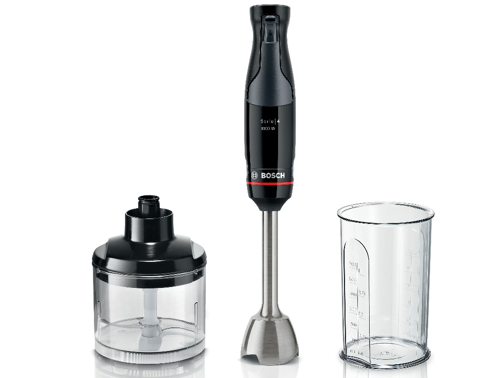 Bosch štapni mikser MSM4B620 antracit 1000W sa sjeckalicom i mjernom posudom na bijeloj pozadini