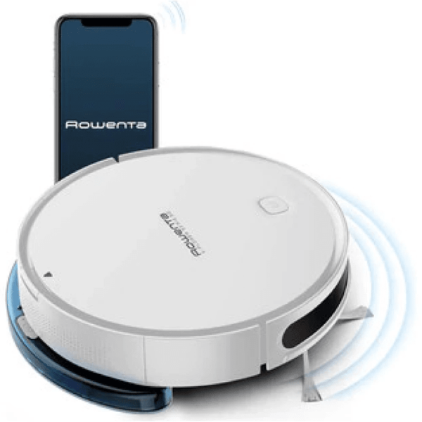 Rowenta X-Plorer S50 robot usisivač RR7387WH na podu, sa crnom i srebrnom završnom obradom