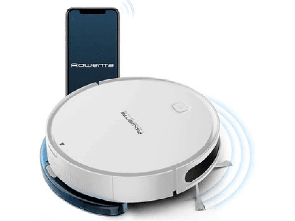 Rowenta X-Plorer S50 robot usisivač RR7387WH na podu, sa crnom i srebrnom završnom obradom