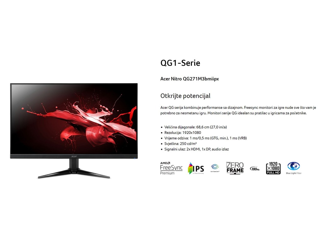 Acer 27-inch Nitro QG1 FHD 180Hz gaming monitor crne boje sa zeroframe dizajnom