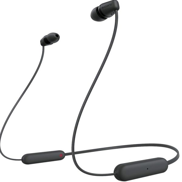 Sony WIC100 crne in-Ear Bluetooth slušalice sa mikrofonom na bijeloj podlozi
