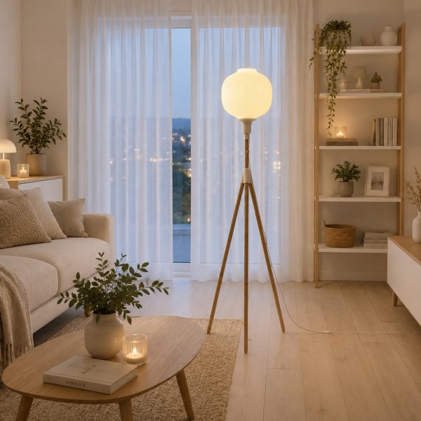 Skandi Light™ – Dizajnerska LED podna lampa od prirodnog drveta i PLA abažura