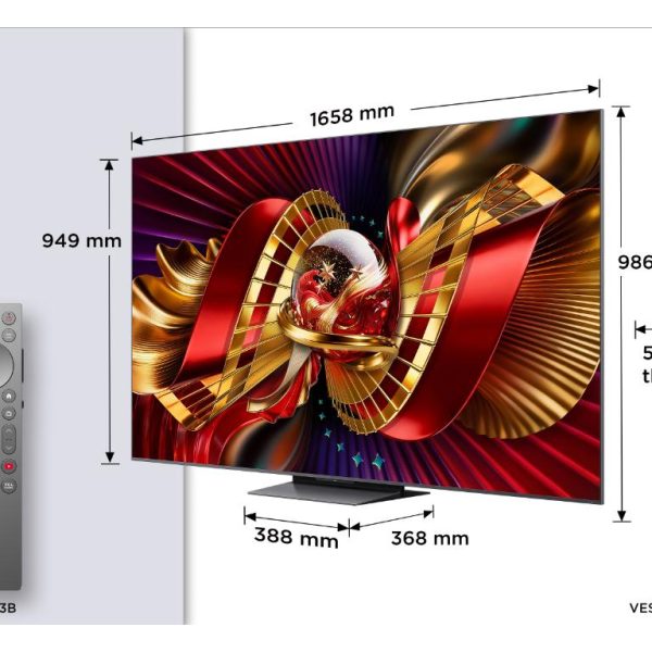 TCL 75"C8L 4K SQD-Mini LED;UHD 144Hz/288Hz FHD Google TV;B&O, 2584 zones, 5500 nits; Zeroborder